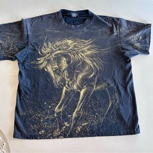Vintage 90’s 3D Emblem Golden Horse All Over Print T-Shirt Large Cropped